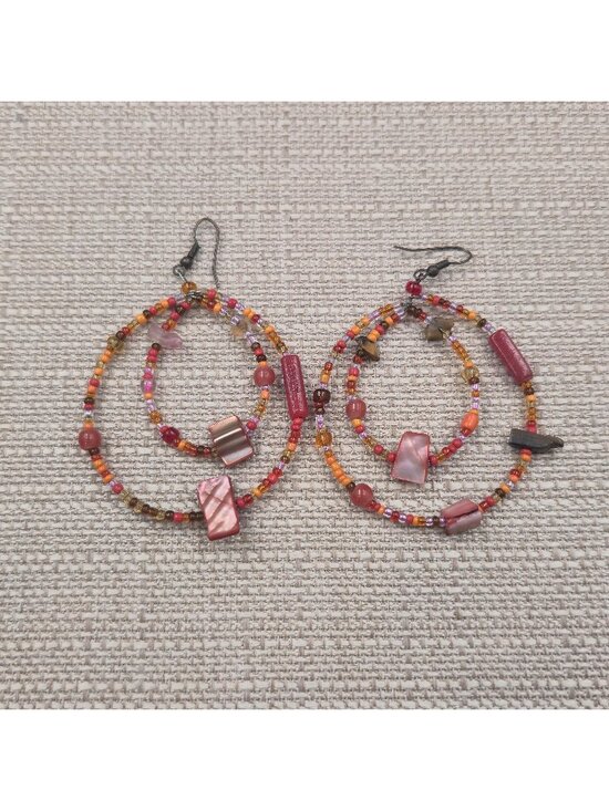 Jewelry - Handmade Red and Orange Beaded Hoop Dangle Earrings B1220